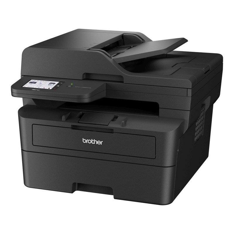 A black laser multifunction printer with a colour touchscreen and automatic document feeder
