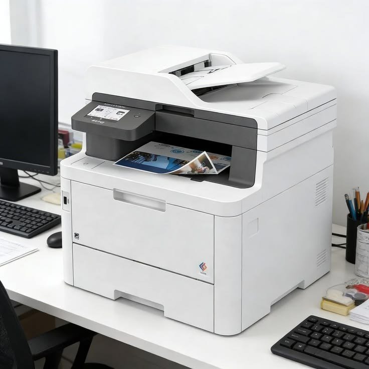 A white wireless colour laser all-in-one printer with a paper output tray